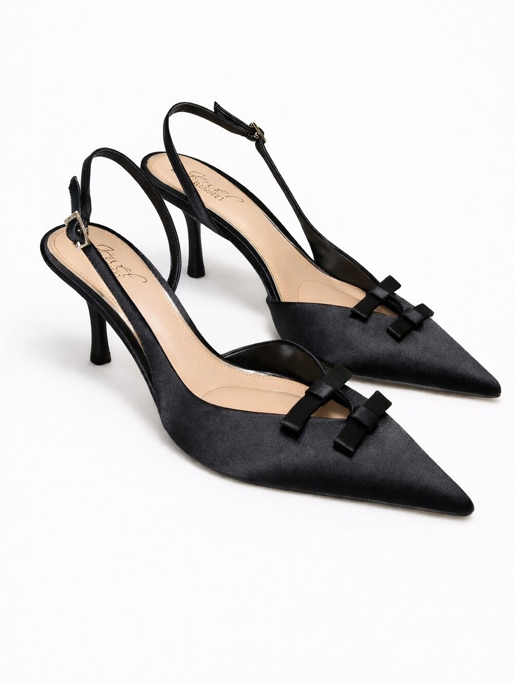 Jewel Badgley Mischka Ellery Black Satin Slingback Kitten Heel Pumps Size 8